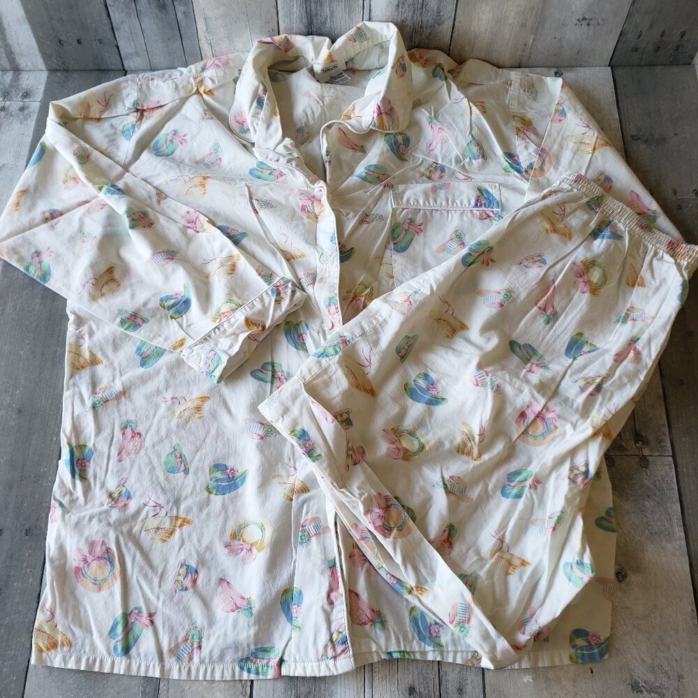 Vintage Talbots 2 PC Nightshirt and Shorts PJ's Pastel Hat Pattern - Size L
